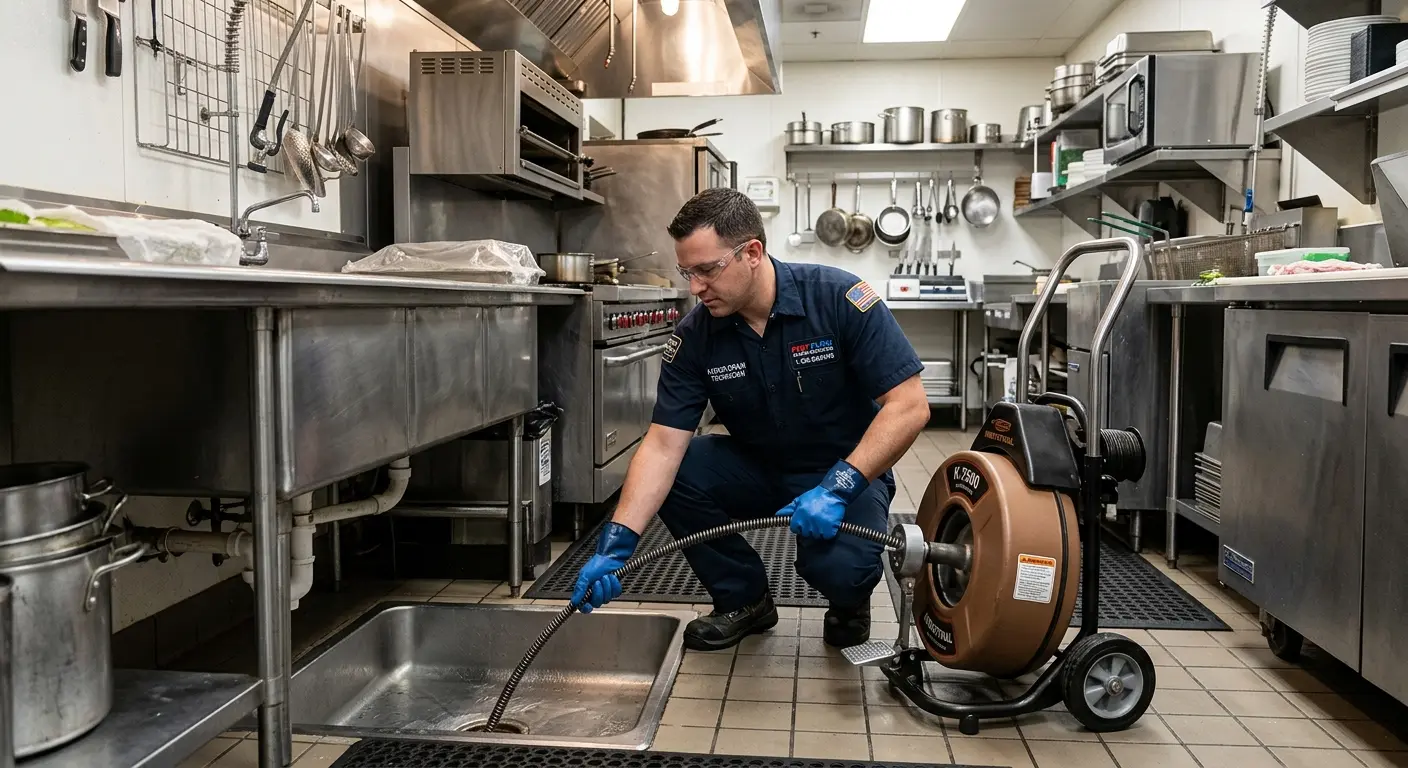 Commercial drain cleaning service in a restaurant kitchen in Gray