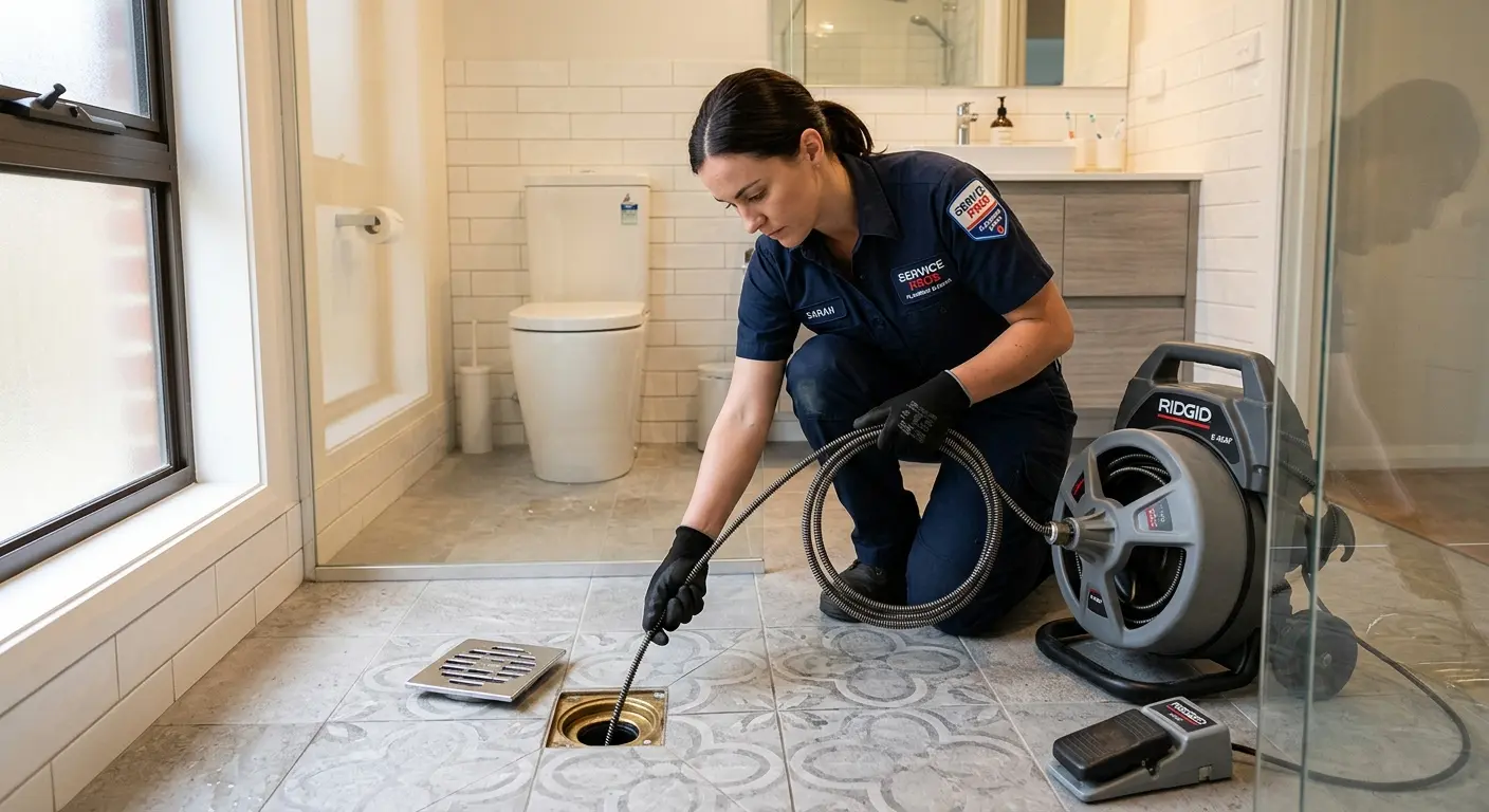 Technician clearing a bathroom floor drain for Drain Repair in Gray